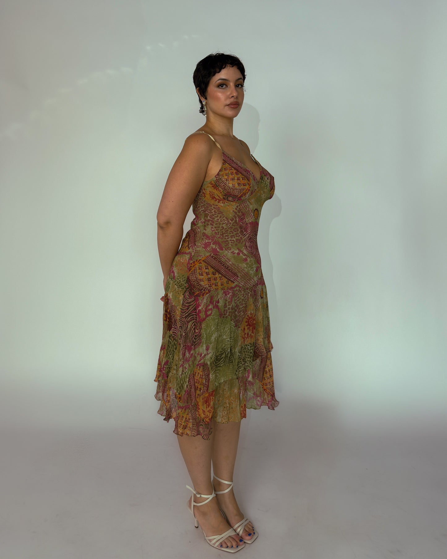 Vintage French Patchwork Print Chiffon Midi Dress - size M-L