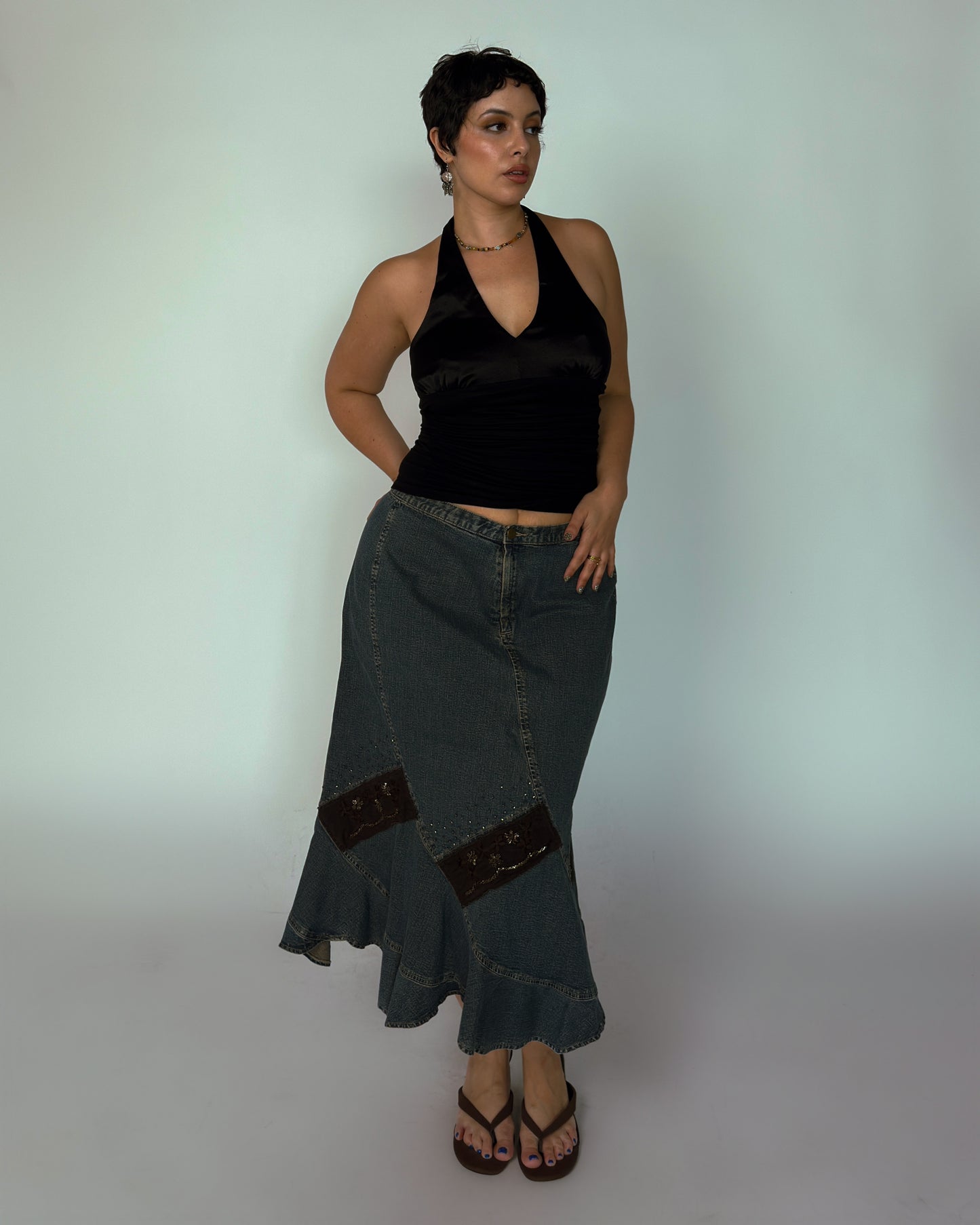 Vintage Georges Franck Denim Beaded Skirt - size XL/XXL