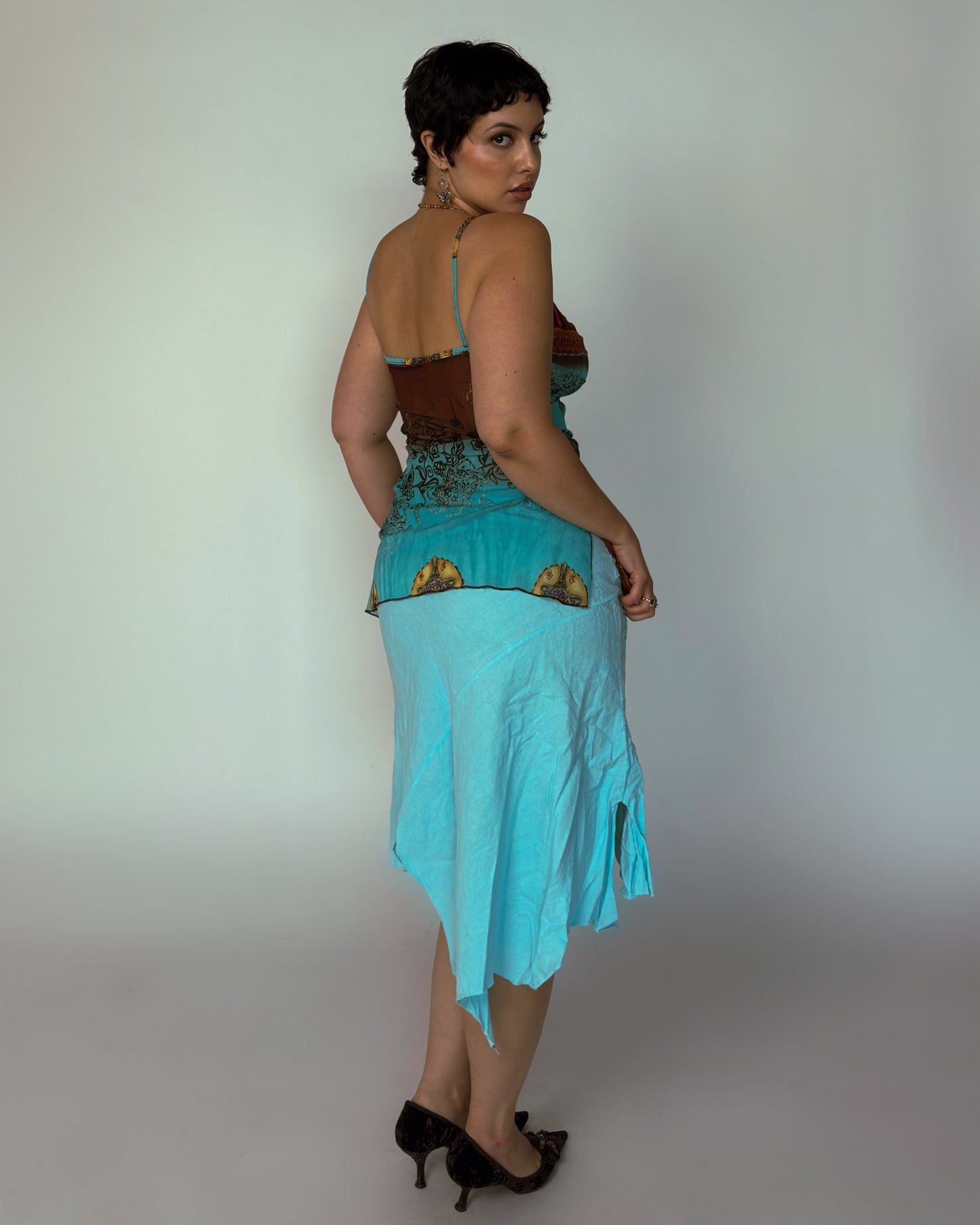 Vintage Blue Linen Asymmetrical Skirt - size L/XL