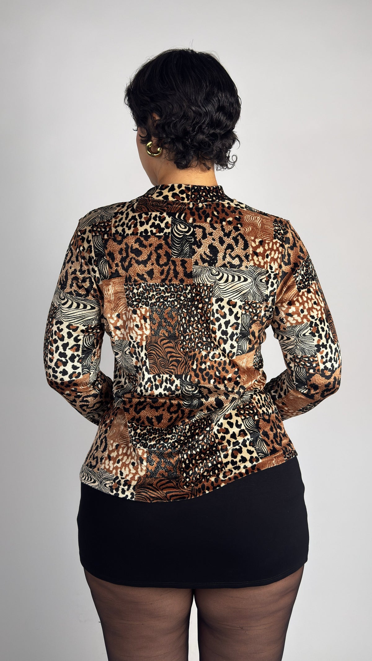French Vintage Velvet Animal Print Patchwork Top - M