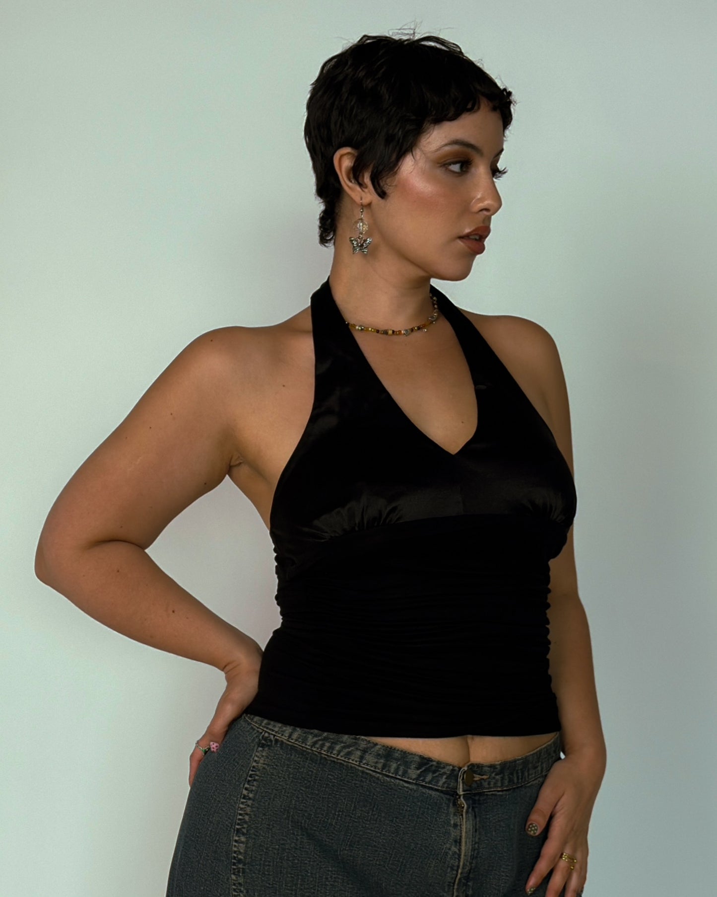 Black Satin Halter Top - size M/L