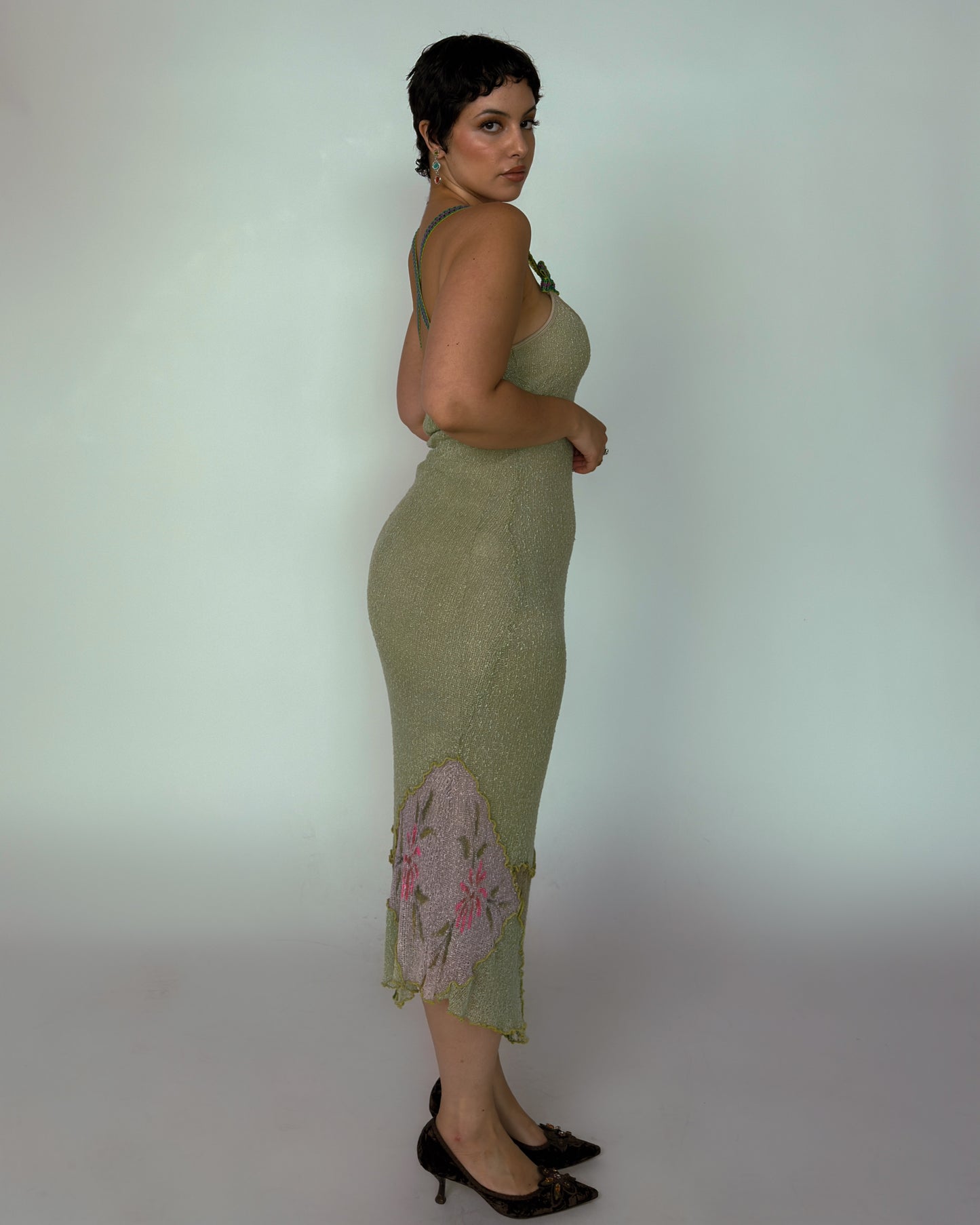 Vintage Spanish Sage Green Knit Midi Dress - size M-XL
