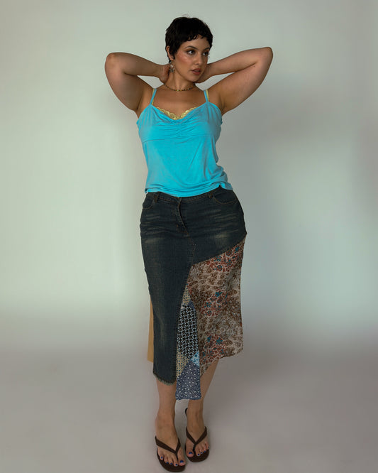 Vintage Denim Patchwork Skirt - size L/XL