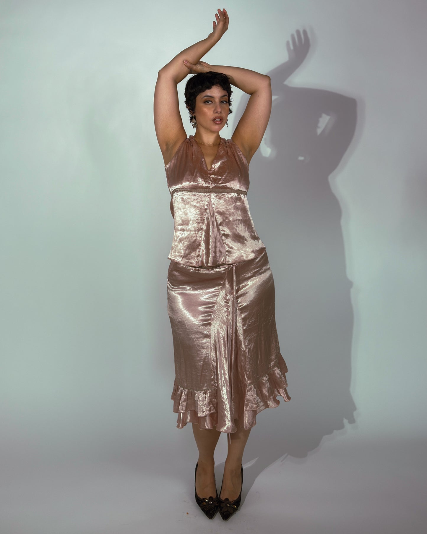 Vintage Spanish Pink Satin Skirt Set - size M-XL