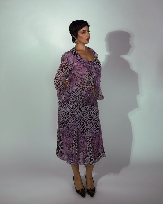 Vintage Italian Silk Purple Animal Print Skirt Set - size M-XL