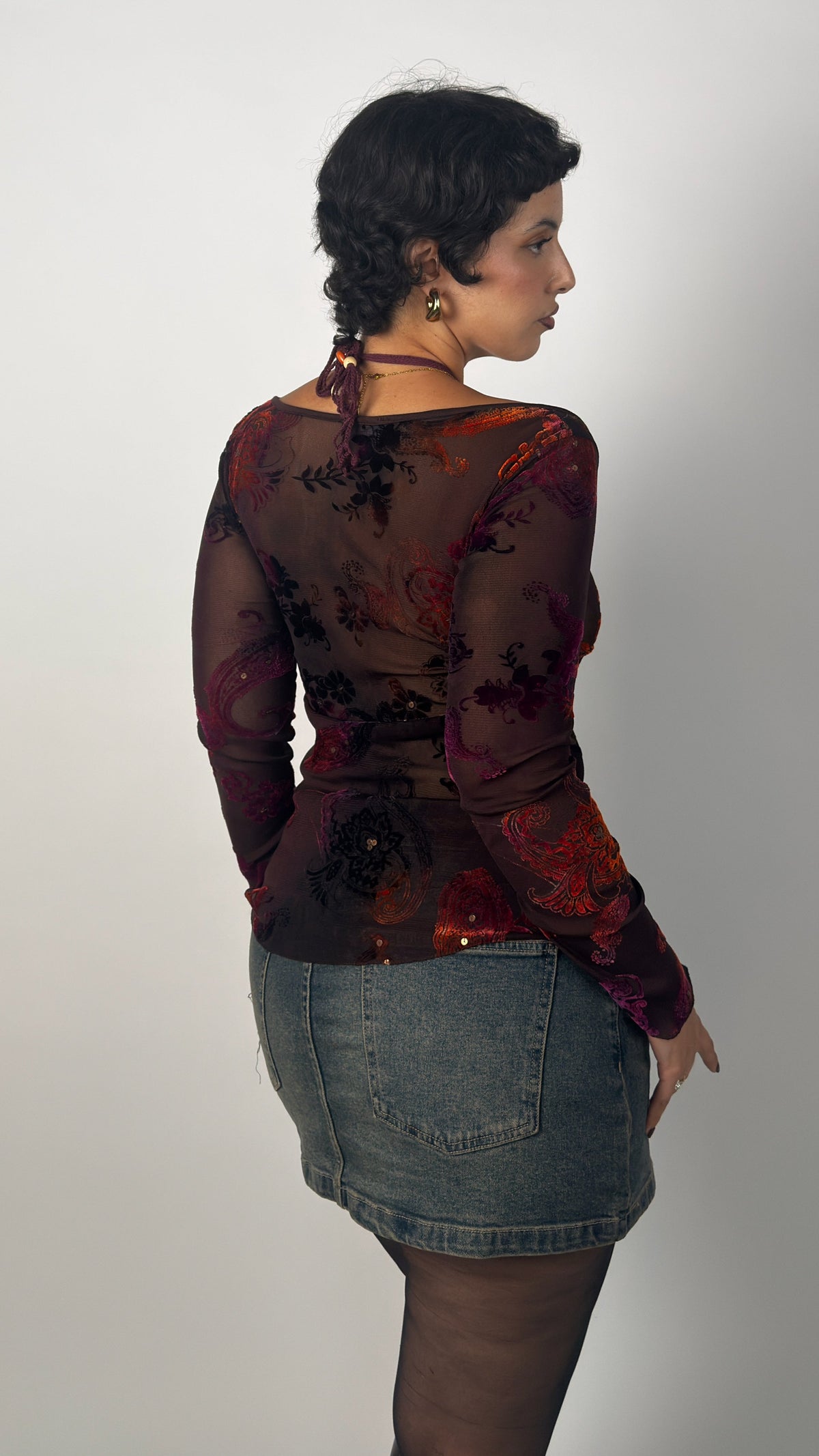 French Vintage Sheer Velvet Mesh Top - M/L