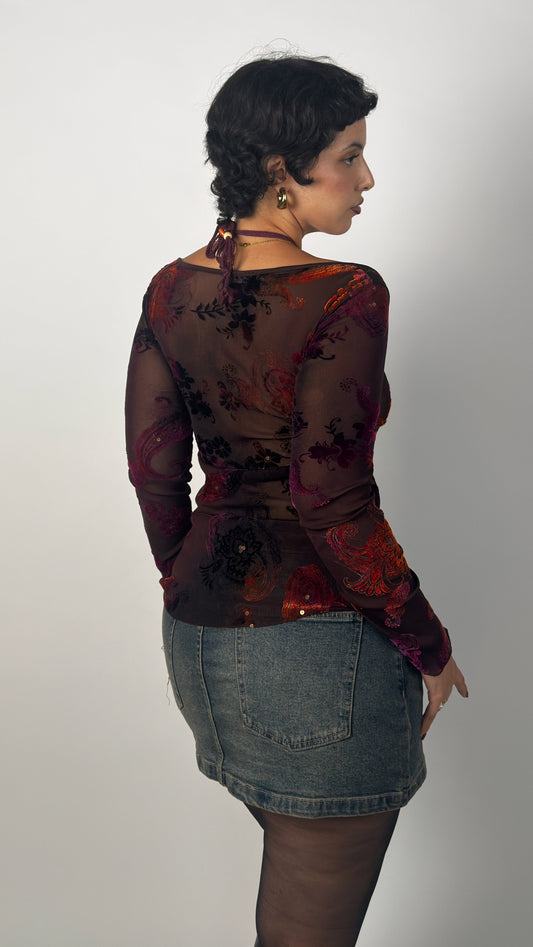 French Vintage Sheer Velvet Mesh Top - M/L