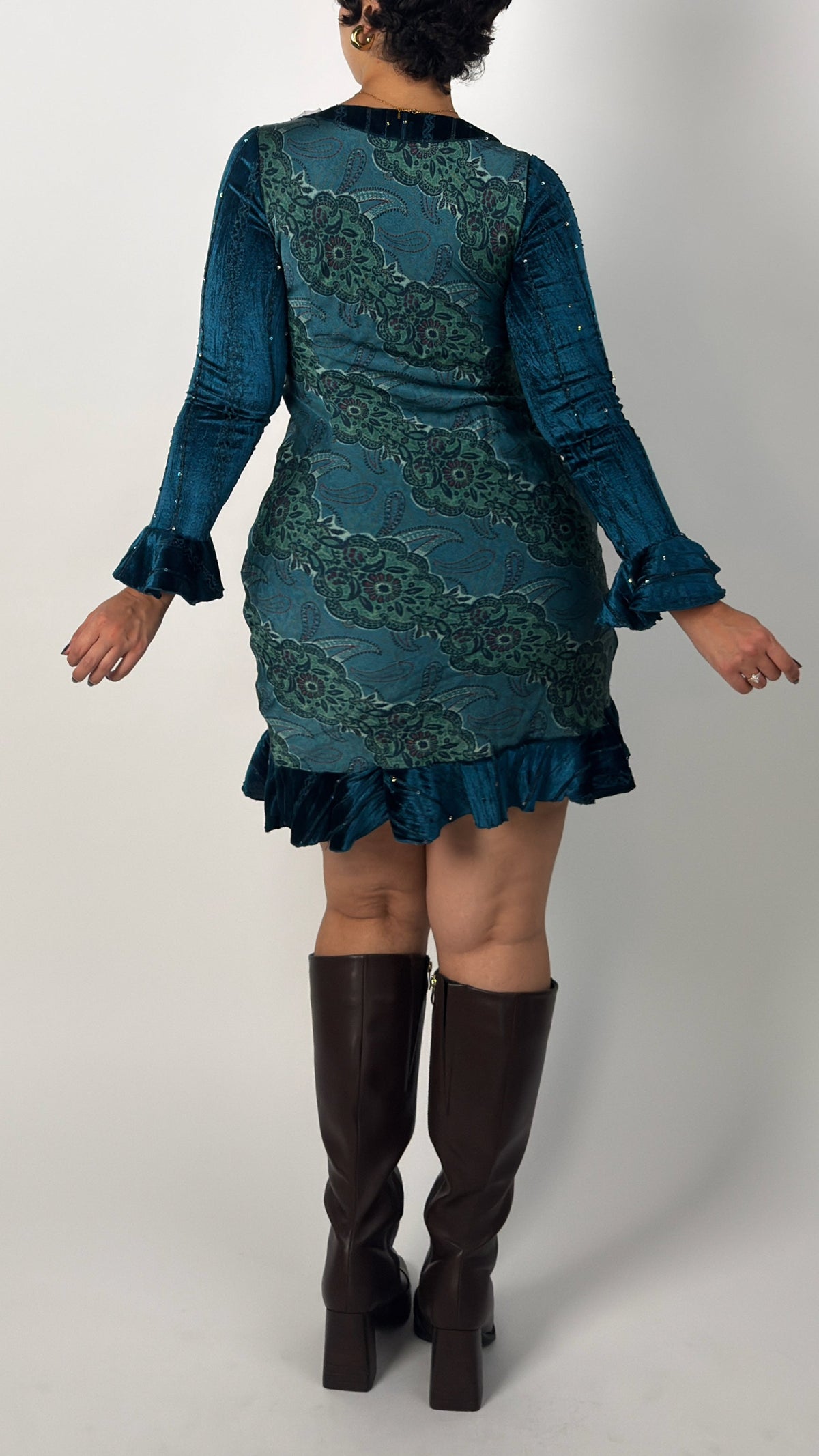 French Vintage Teal Velvet Ruffle Mini Dress - M