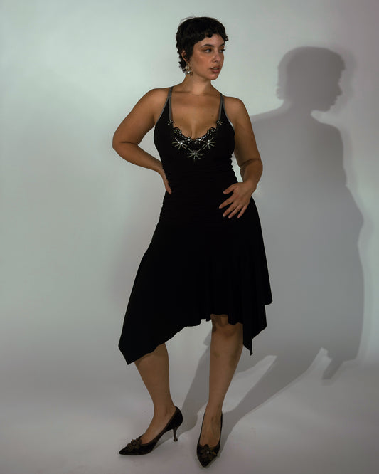 Black Stretch Beaded Handkerchief Midi Dress - size M/L