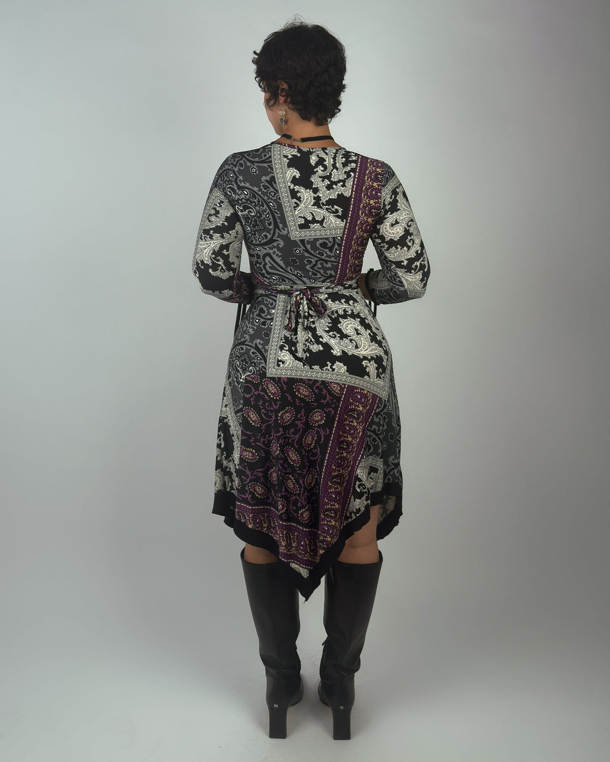 Rust Olive Patchwork Paisley Mesh Dress - side full length showing asymmetric hem