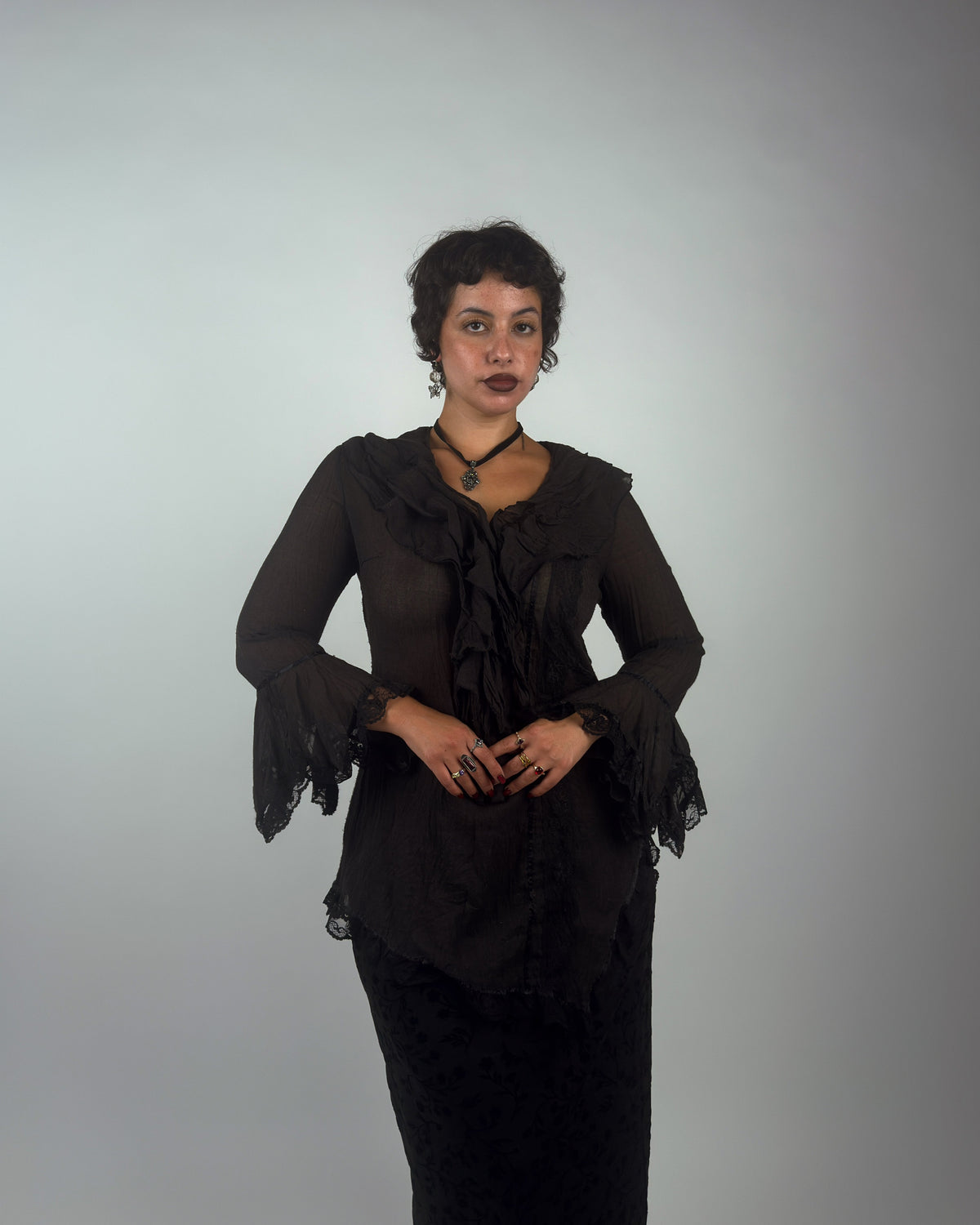 Black Ruffle Top with Lace Bell Sleeves - M/L