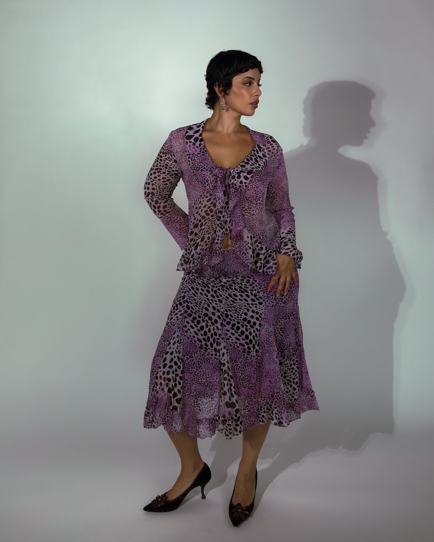 Vintage Italian Silk Purple Animal Print Skirt Set - size M-XL