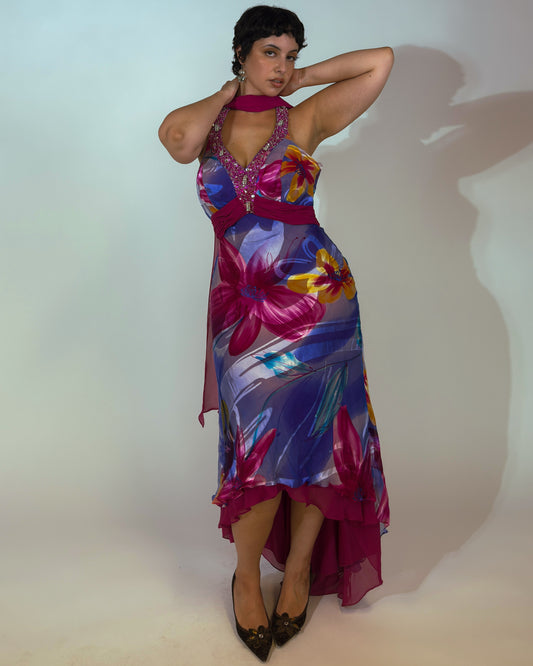 Vintage Italian Silk Beaded Halter Dress with Matching Scarf - size L/XL