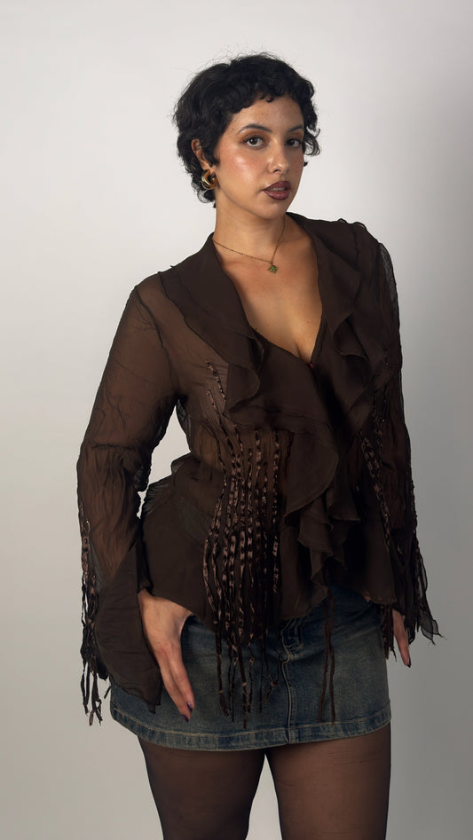 Italian Vintage Brown Ruffle Fringe Blouse - M/L