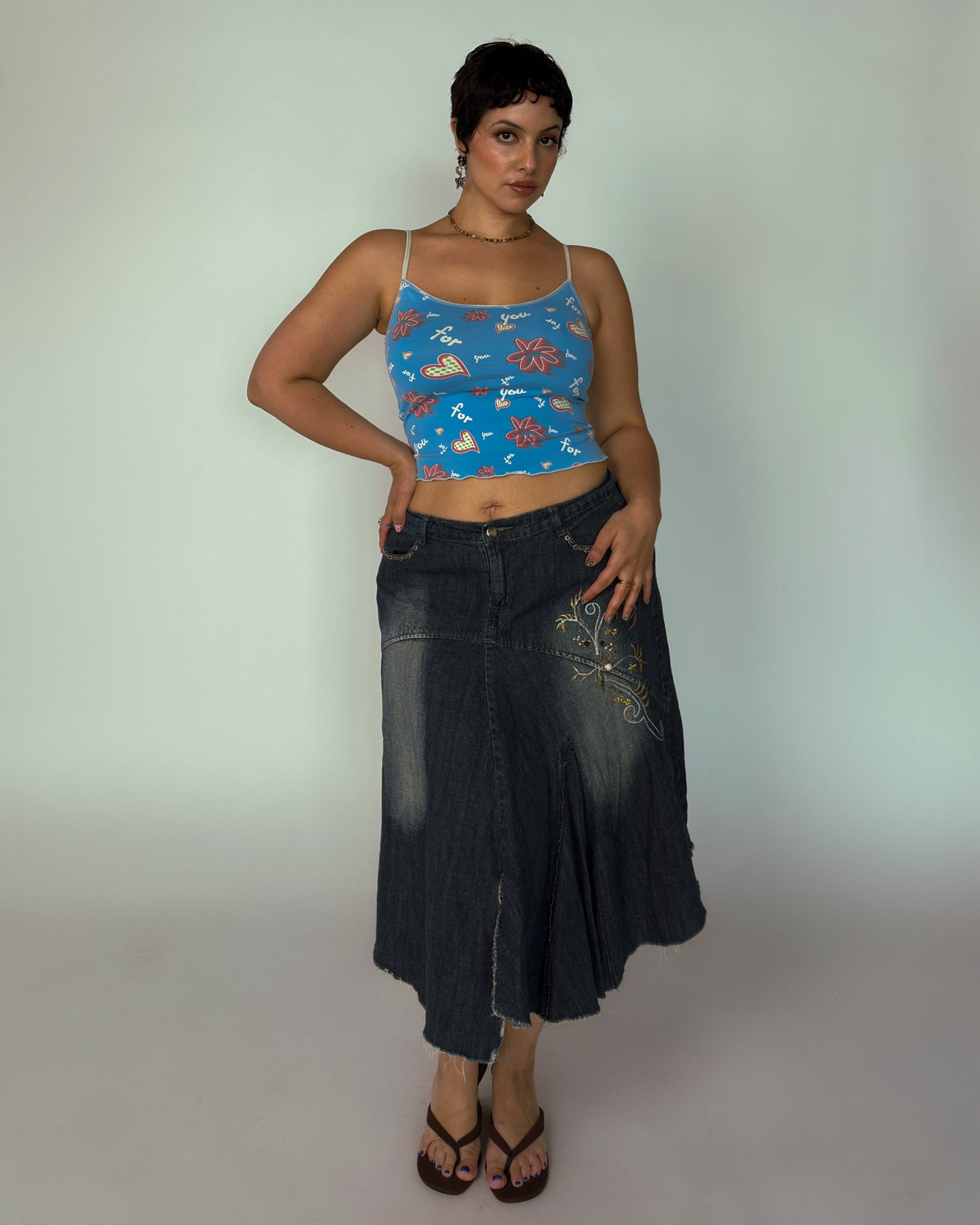 Vintage Beaded Denim Midi Skirt - size L/XL