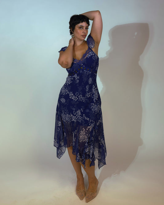 Vintage Blue Floral Midi Dress - size M/L