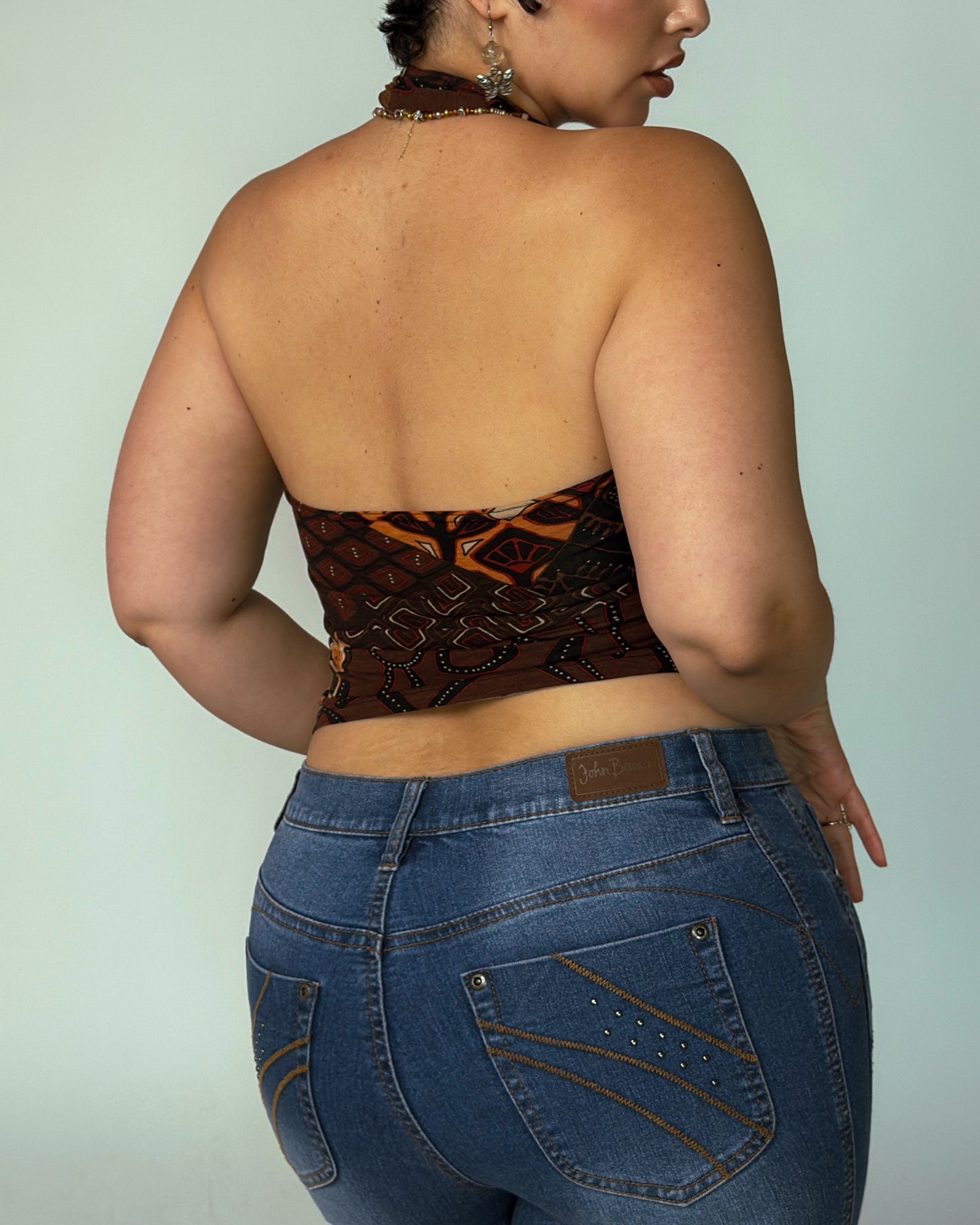Vintage Retro Patchwork Halter Crop Top - size M/L