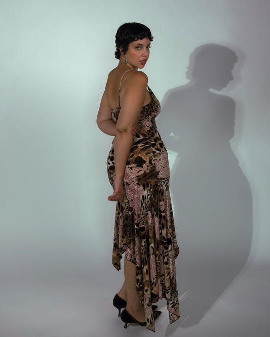 Vintage Leopard Floral Asymmetrical Dress - size M-XL