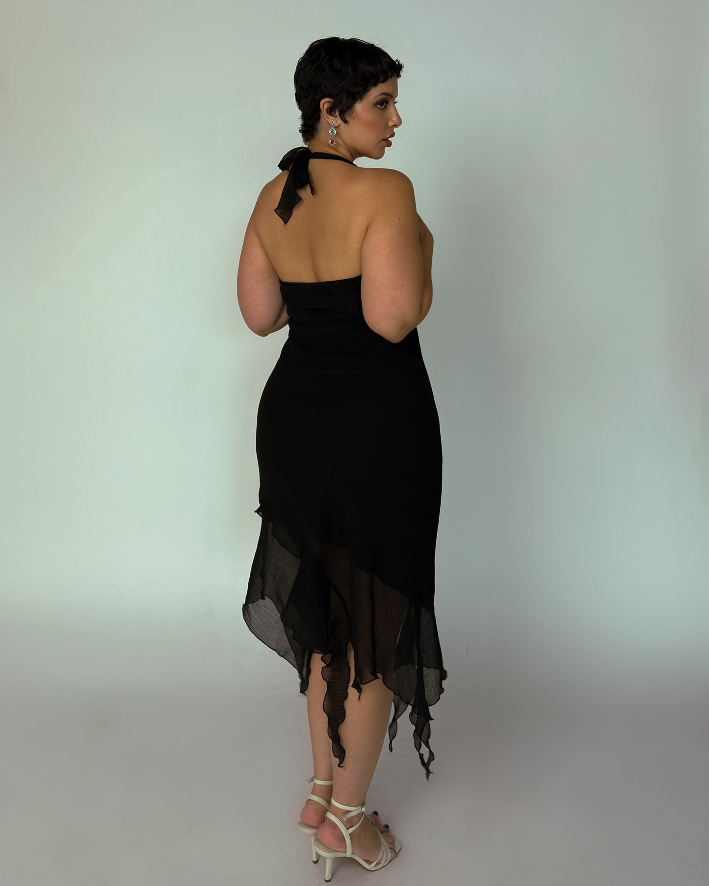 Vintage Black Halter Midi Dress with Sequin Trim - size M/L
