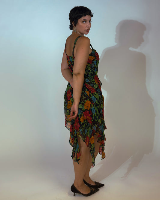 Vintage Ruffled Floral Beaded Dress - size M-L