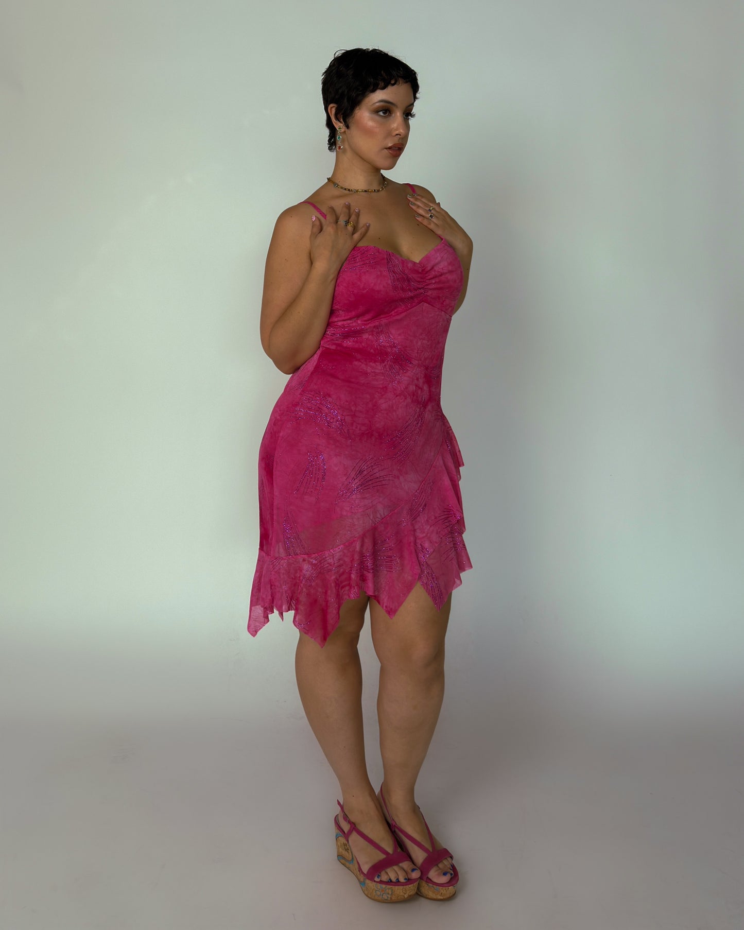 Vintage Pink Glitter Midi Dress - size L/XL