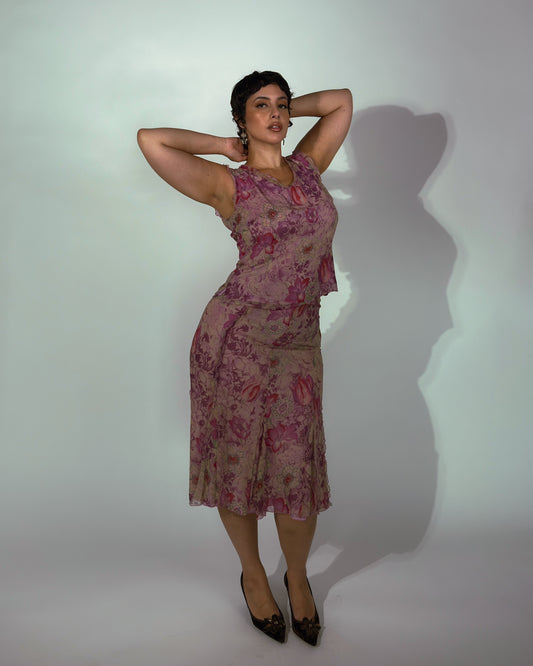 Vintage Silk Floral Matching Skirt Set - size M/L