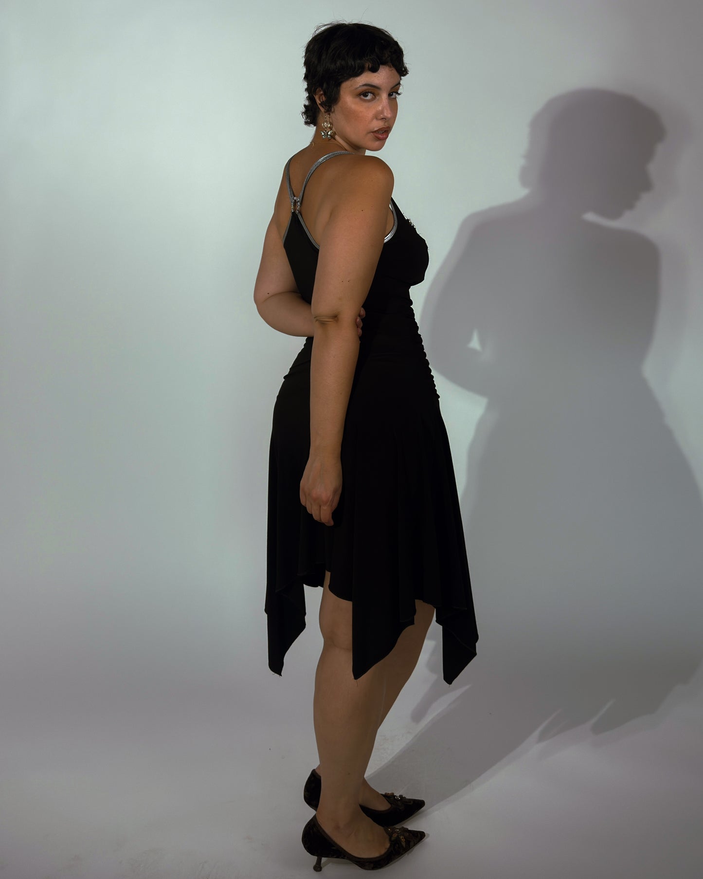 Black Stretch Beaded Handkerchief Midi Dress - size M/L