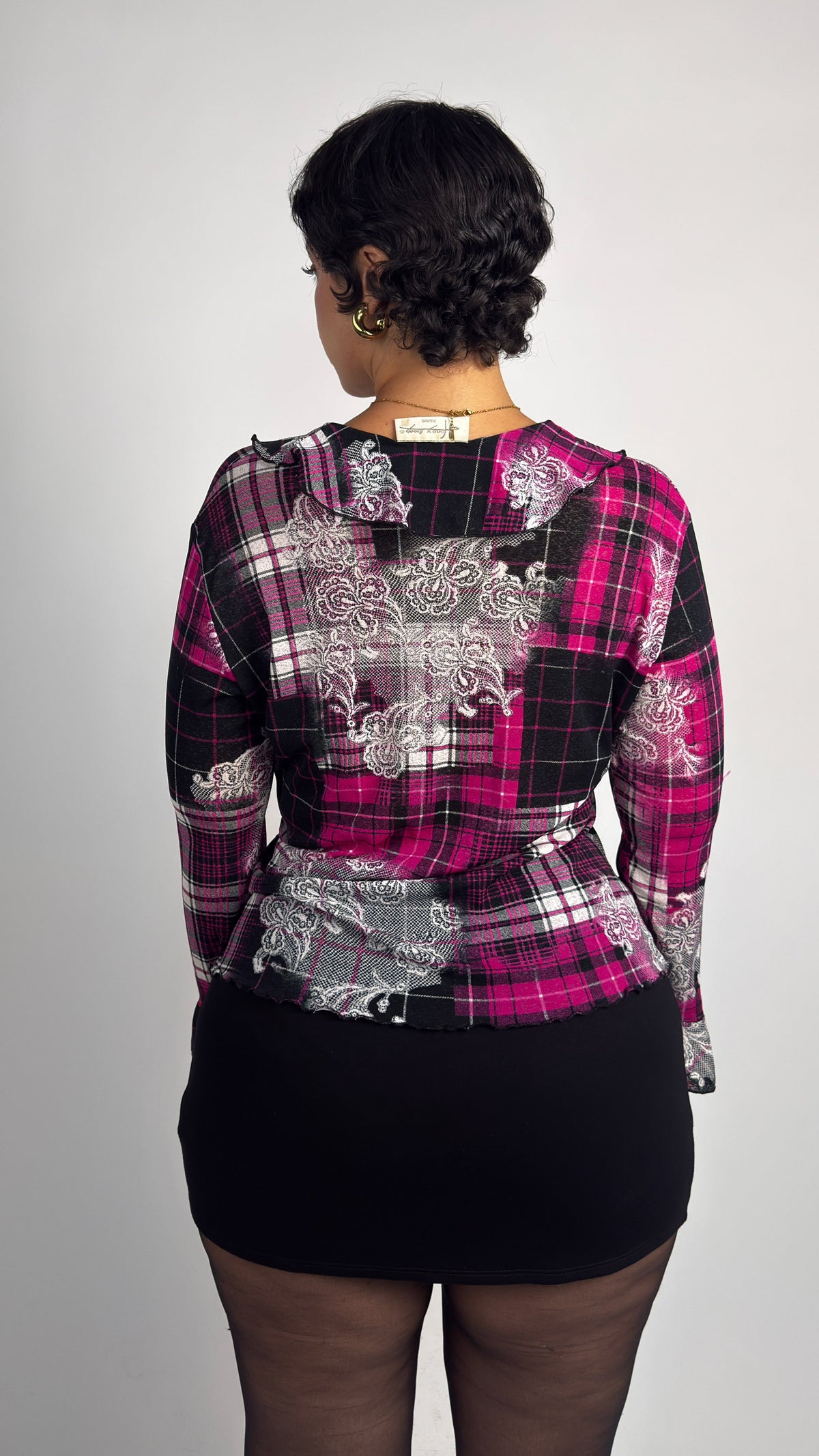 French Vintage Pink Plaid Ruffle Stretch Top - M/L