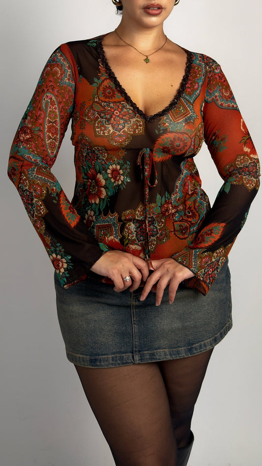 French Vintage Whimsy Mesh Top - M