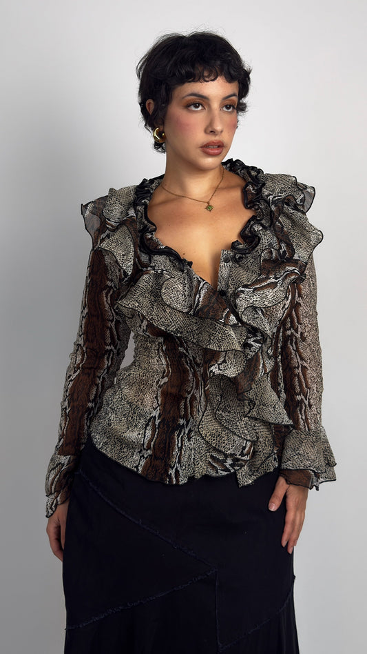 Snakeskin Print Ruffle Blouse - M/L