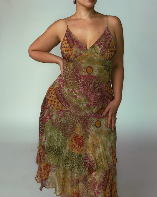 Vintage French Patchwork Print Chiffon Midi Dress - size M-L