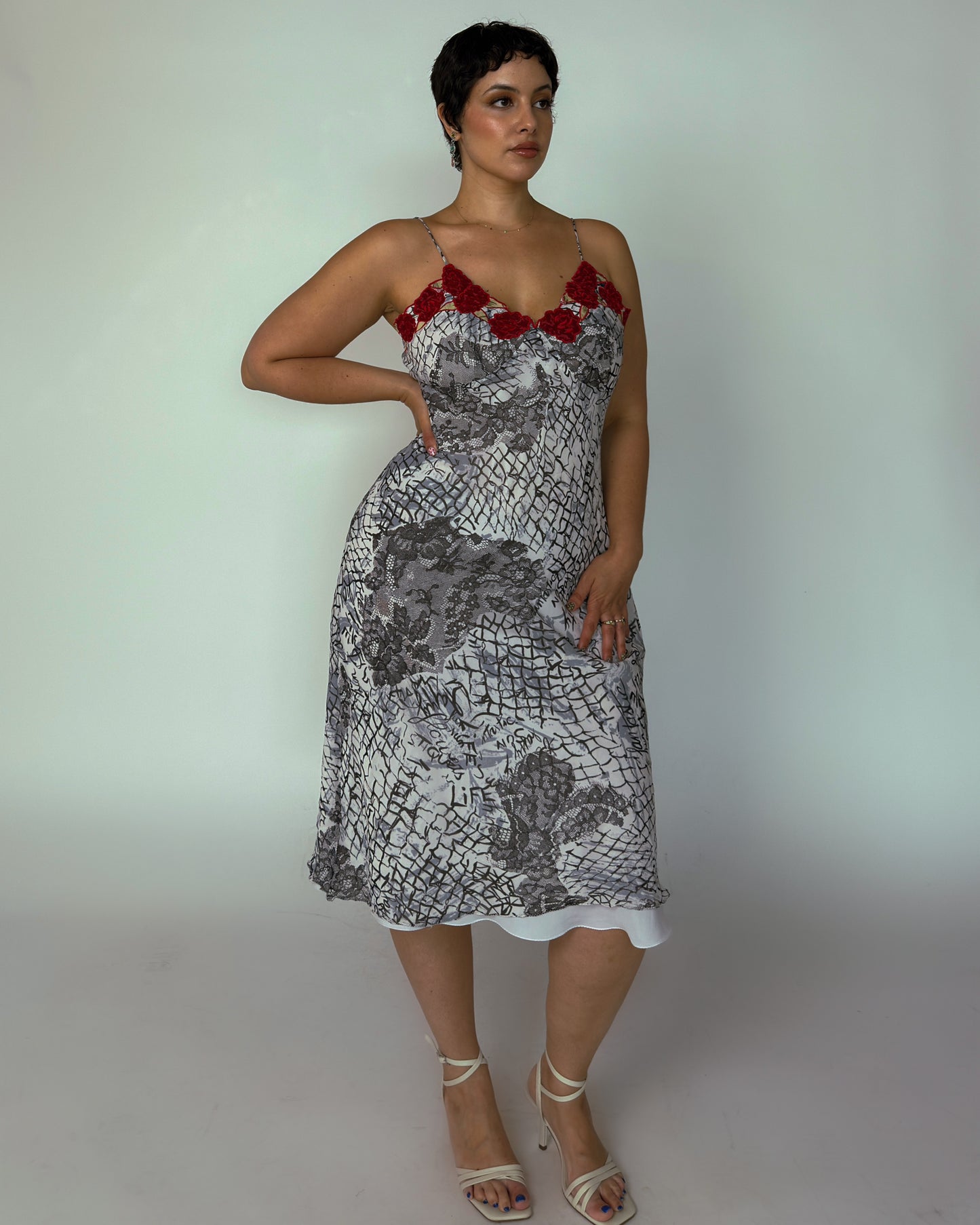 Vintage René Derhy Graffiti Lace Print Midi Slip Dress - size L/XL