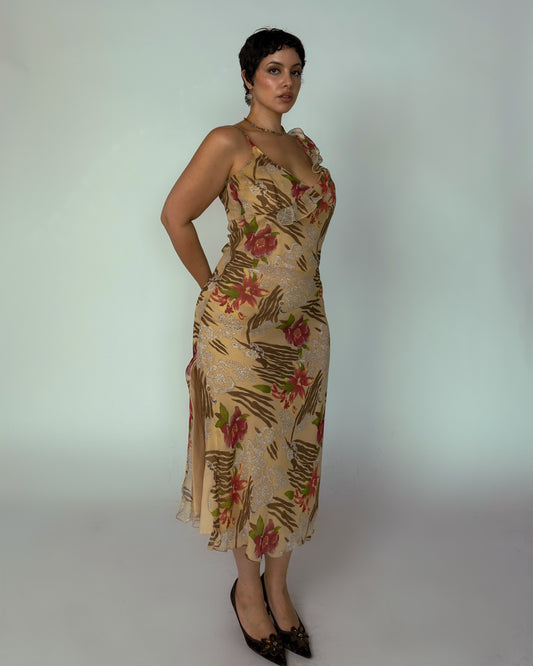 Vintage Floral Animal Print Maxi Dress - size M/L
