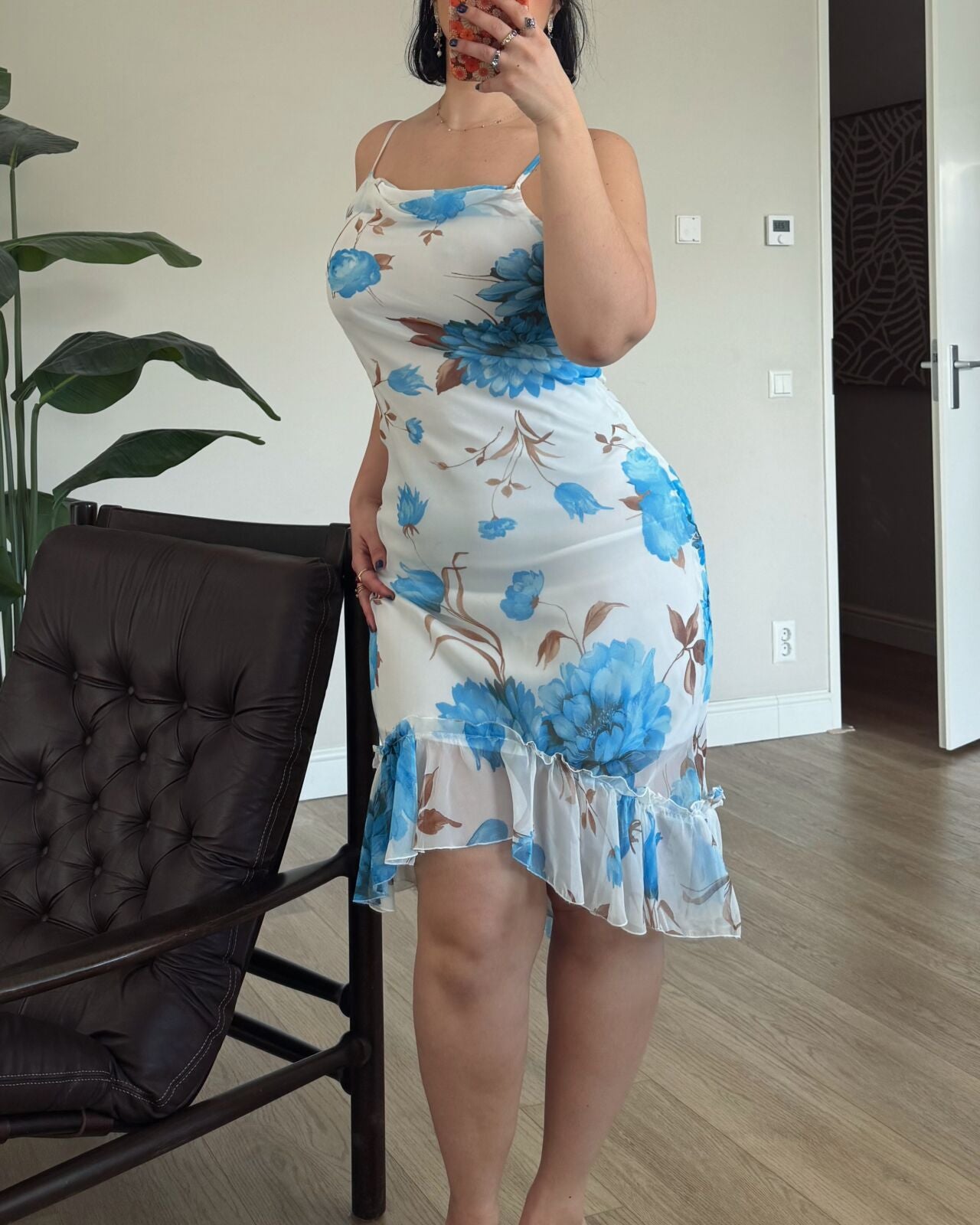 Blue Floral Mesh Midi Dress – M