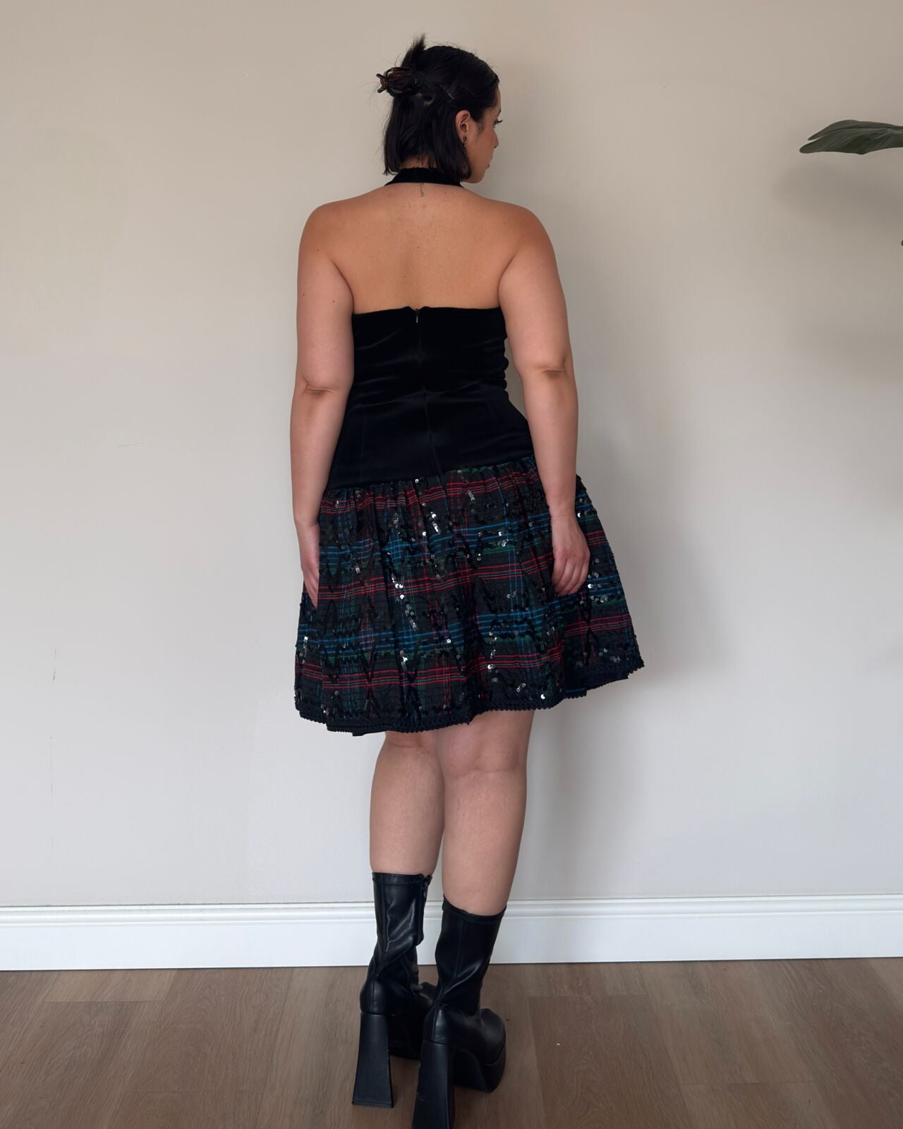 Vintage Velvet Corset Dress with Sequin Plaid Skirt – M/L