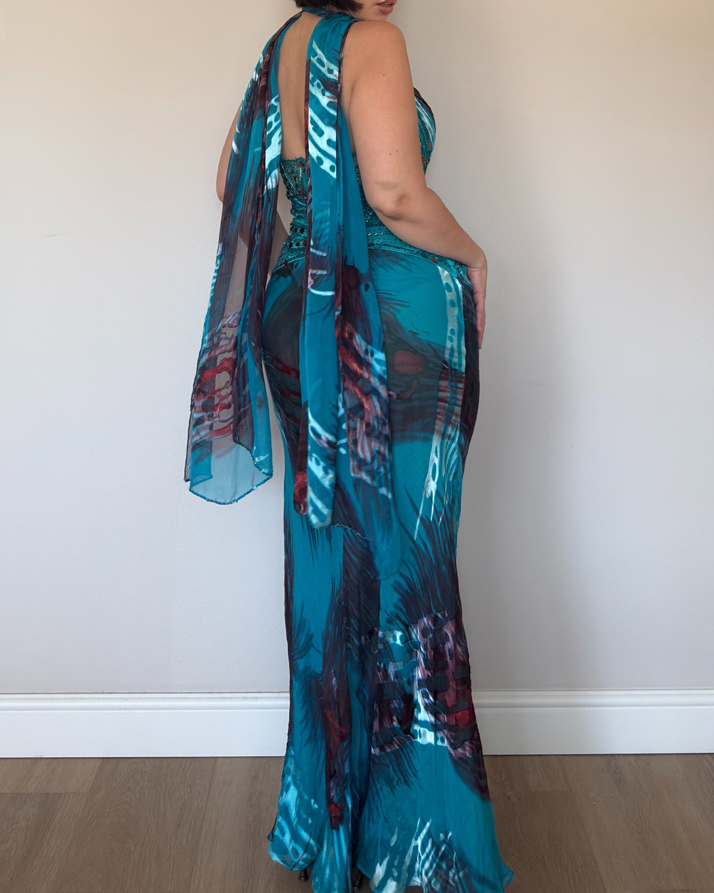 Ocean Muse Silk Beaded Gown with Matching Scarf - size M/L