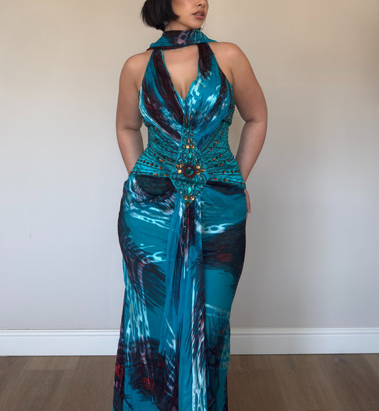 Ocean Muse Silk Beaded Gown with Matching Scarf - size M/L
