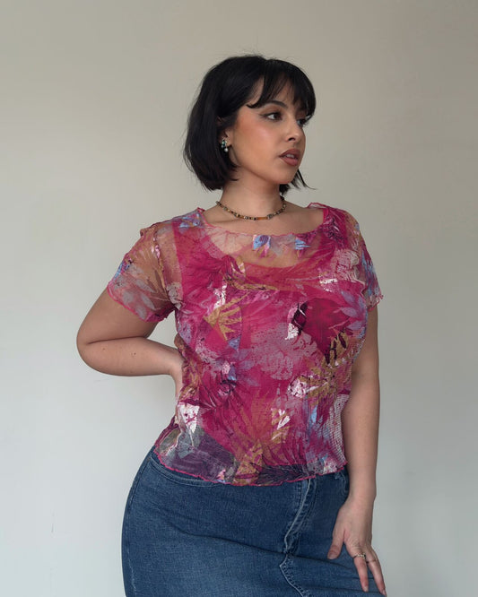 Pink Floral Mesh Top – size L-XL