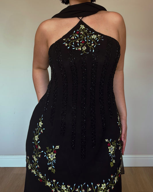 Midnight Garden Embroidered Gown with Matching Scarf - size XL/XXL