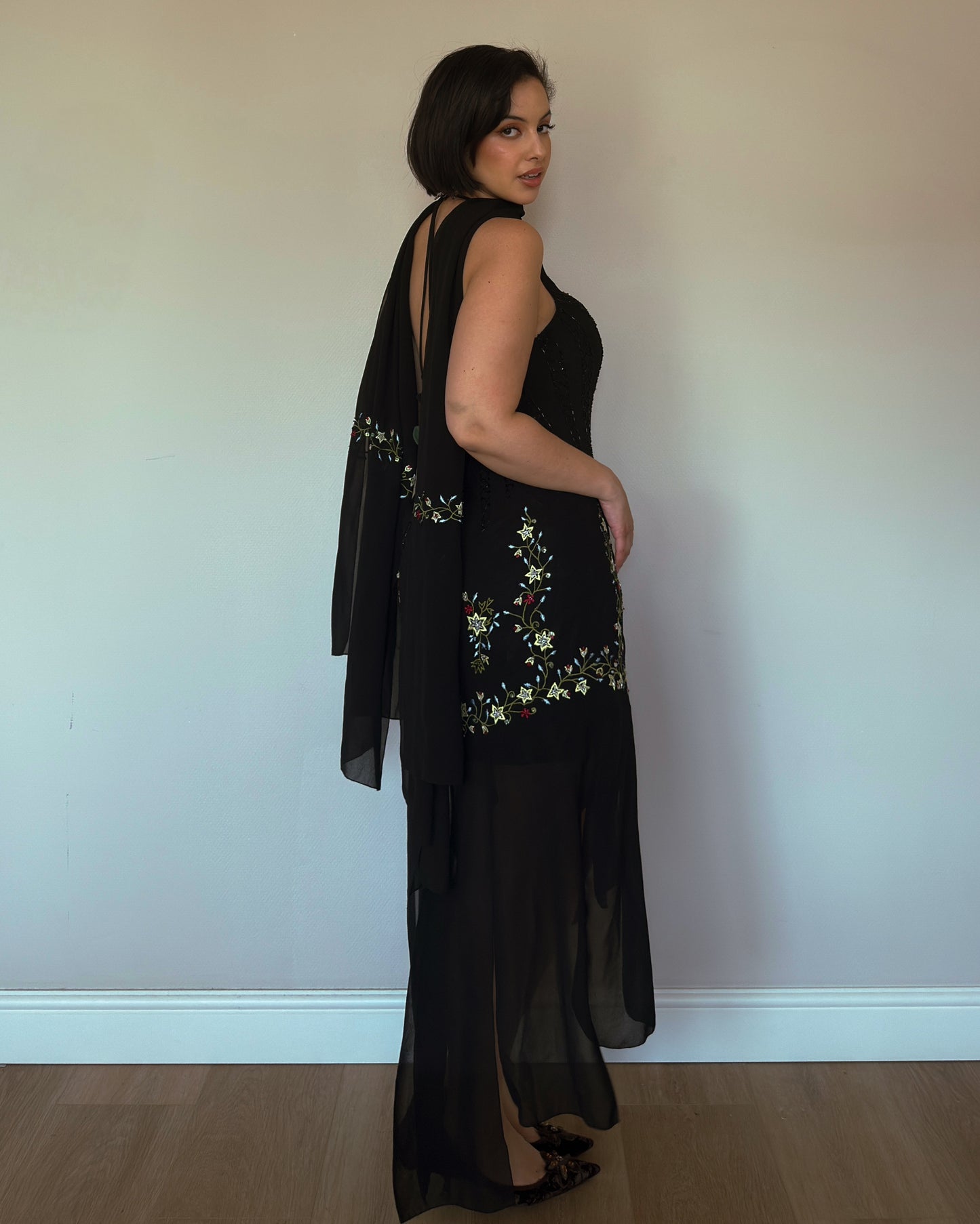 Midnight Garden Embroidered Gown with Matching Scarf - size XL/XXL