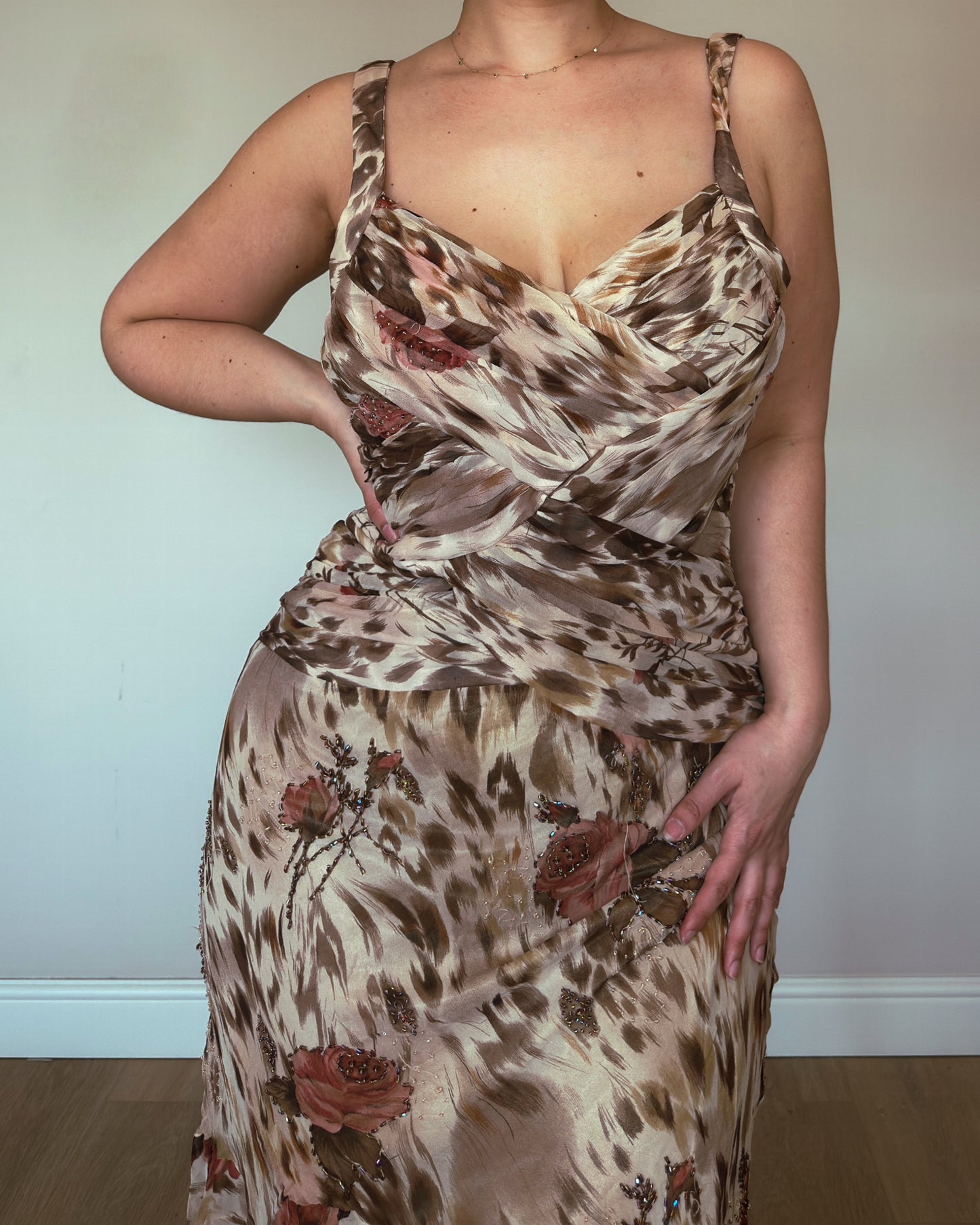 Leopard Bloom Silk Beaded Dress - size M/L