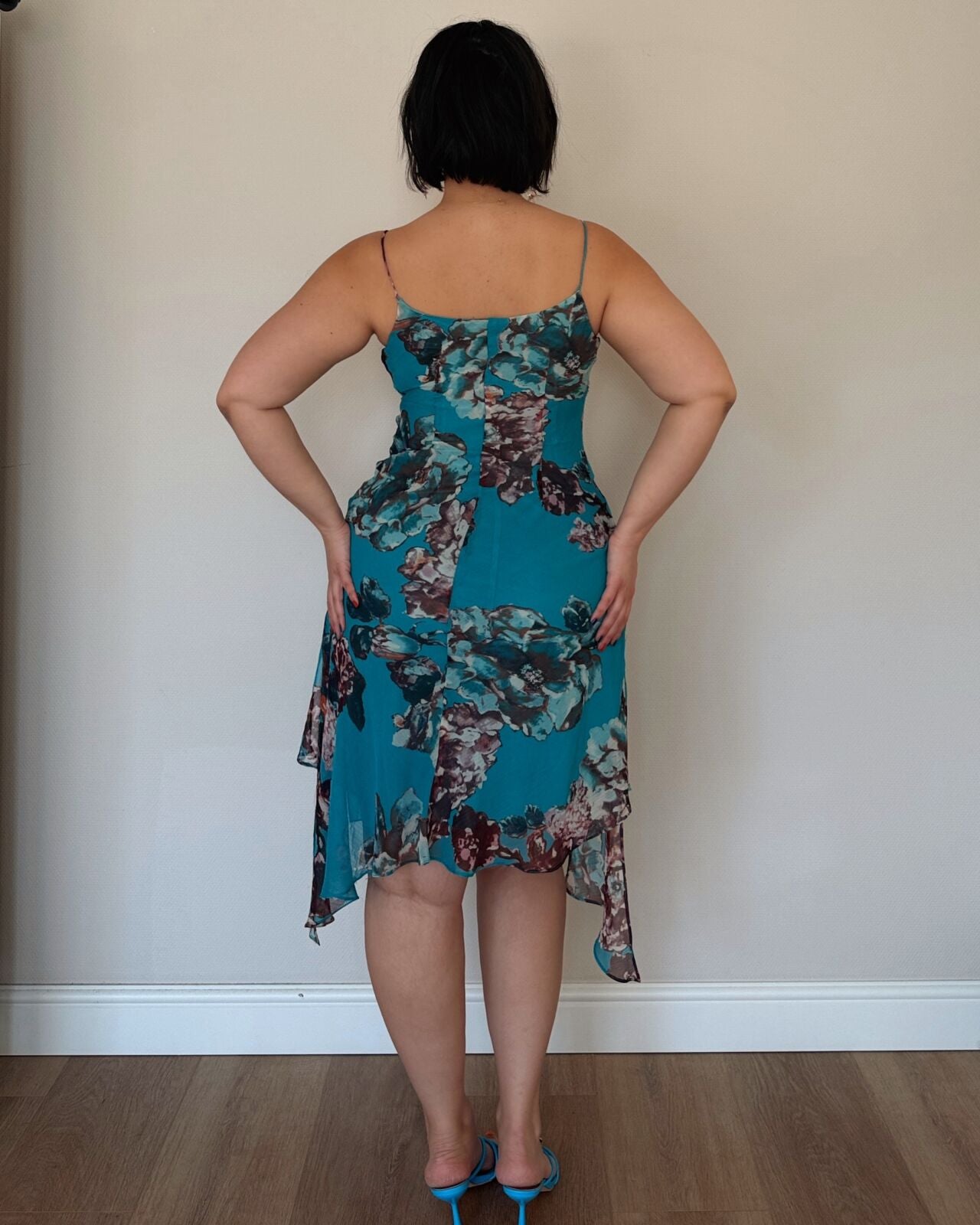 Teal Floral Asymmetrical Midi Dress