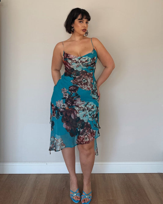 Teal Floral Asymmetrical Midi Dress