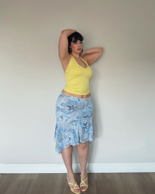 Blue Paisley Asymmetrical Midi Skirt