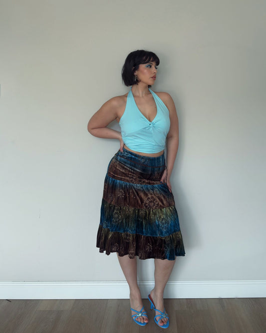 Teal & Brown Velvet Tiered Skirt