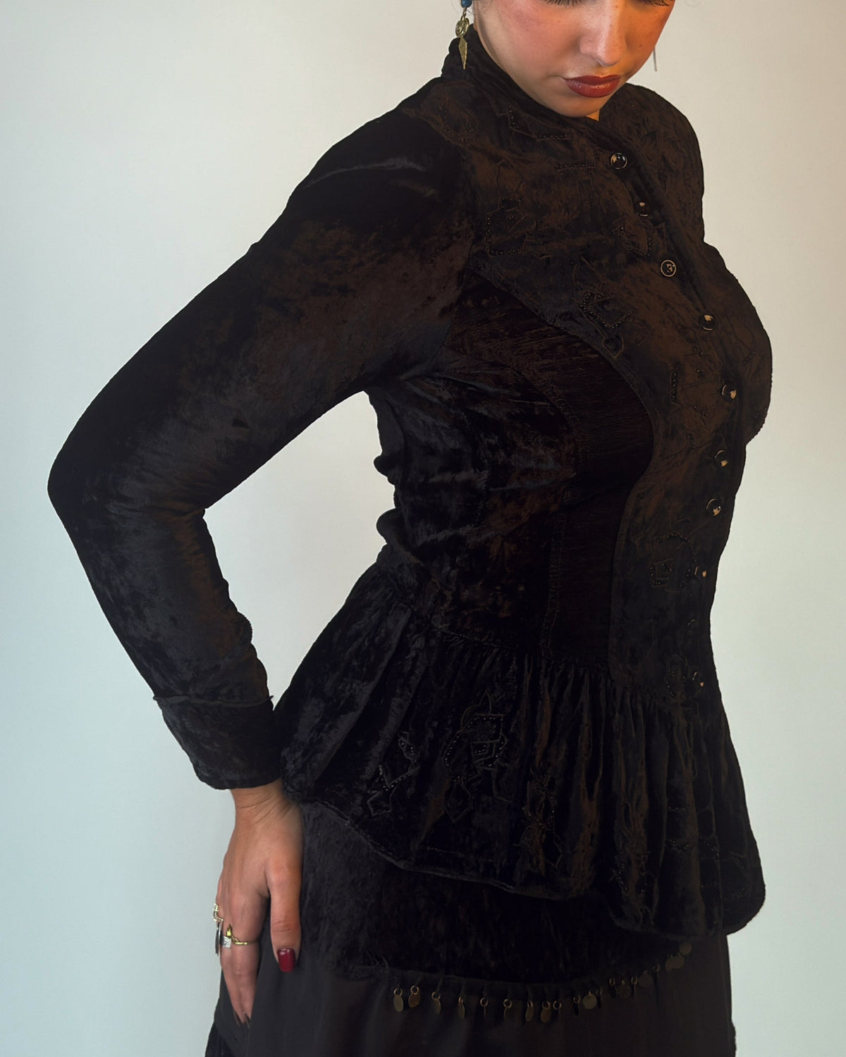 Rare 80s/90s Derhy Velvet Beaded Peplum Top - M/L