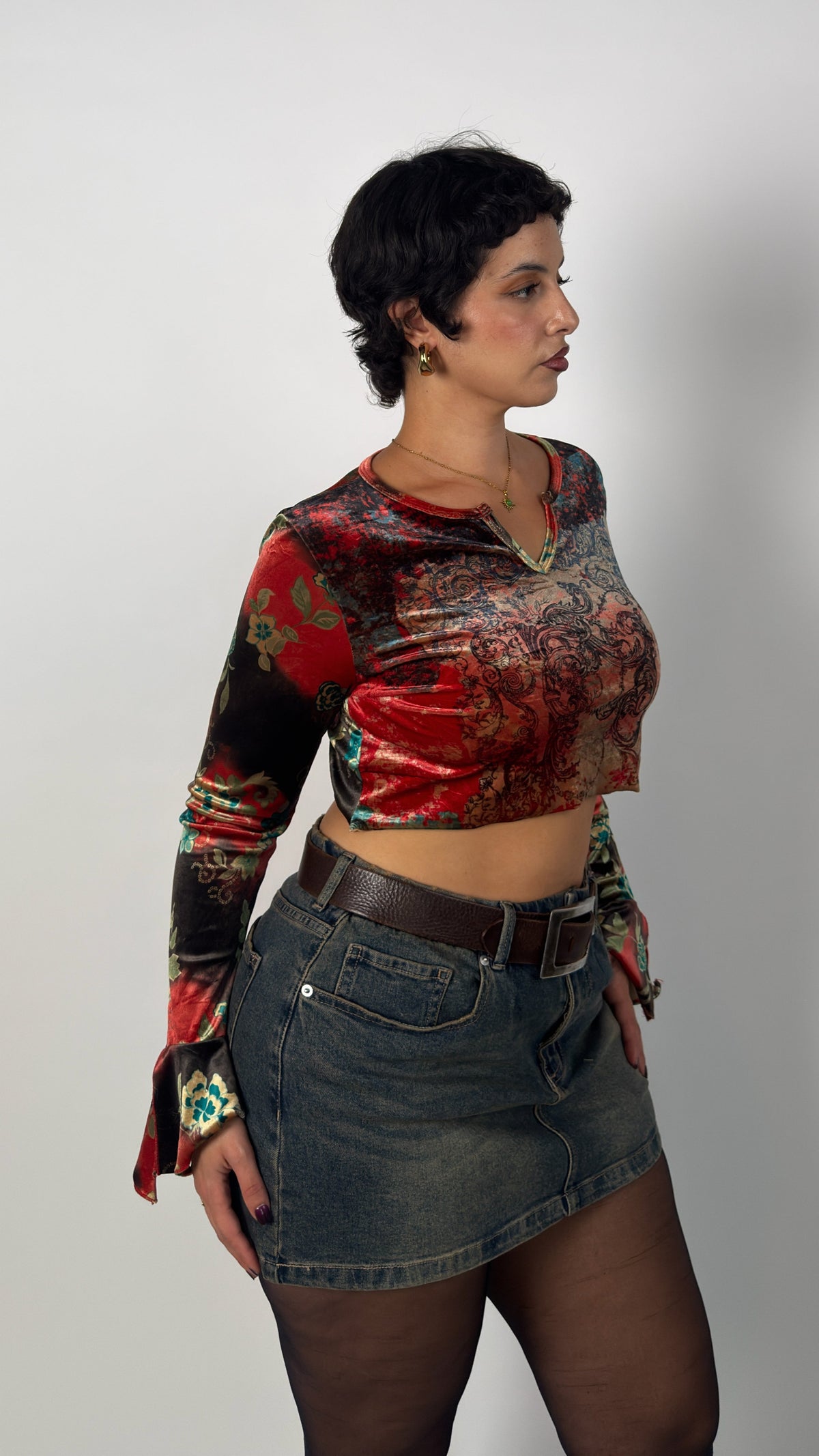 Velvet Bell Sleeve Crop Top
