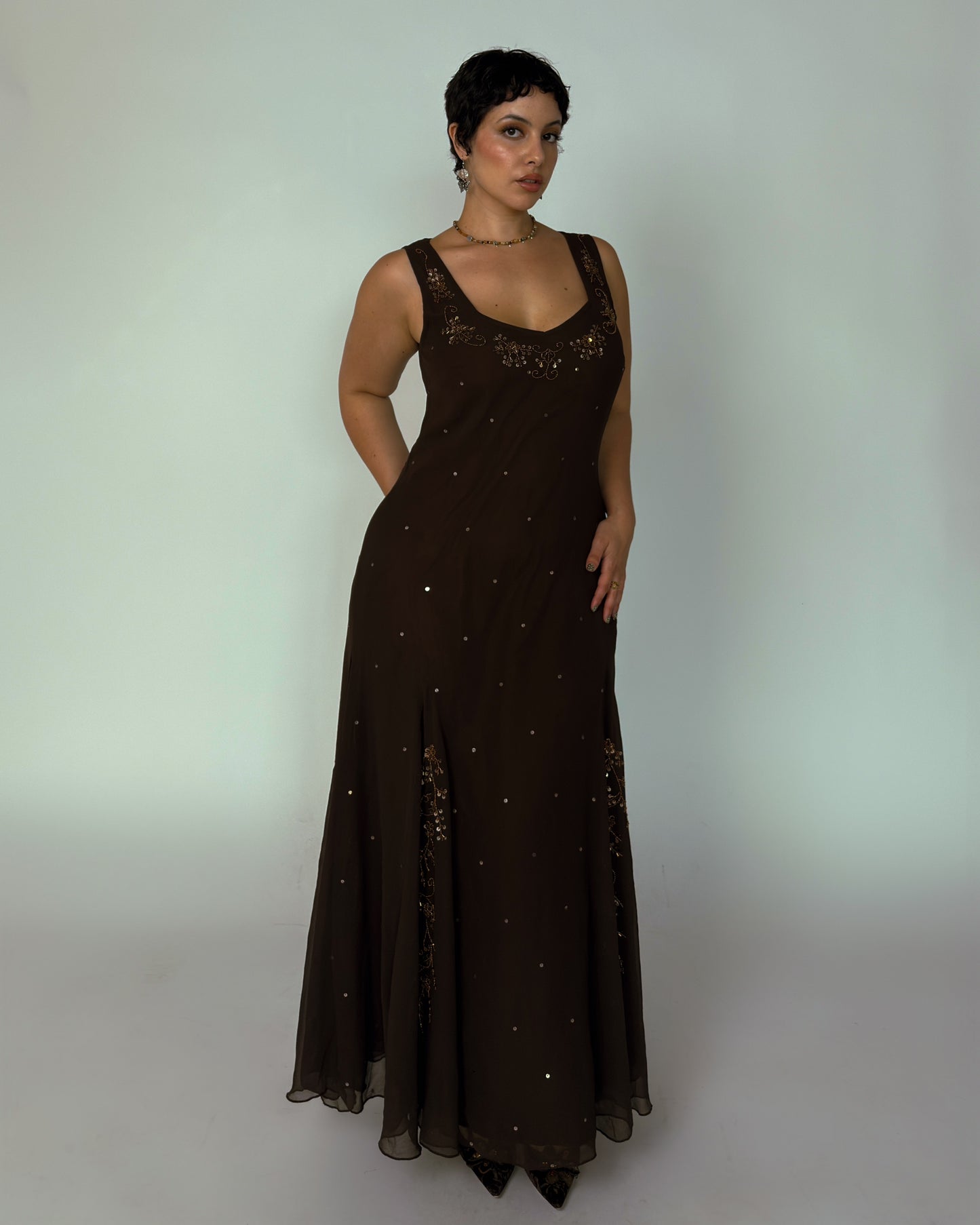 Vintage Brown Beaded Maxi Dress - size L-XL