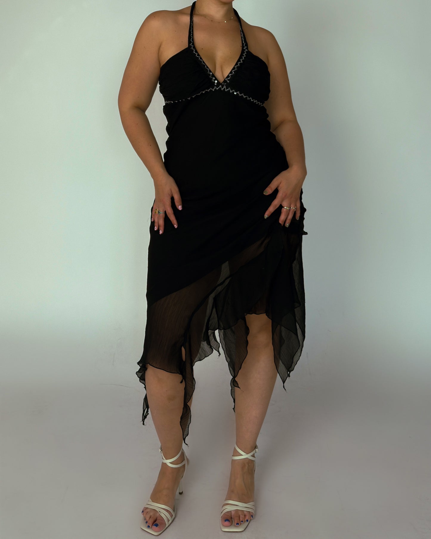 Vintage Black Halter Midi Dress with Sequin Trim - size M/L