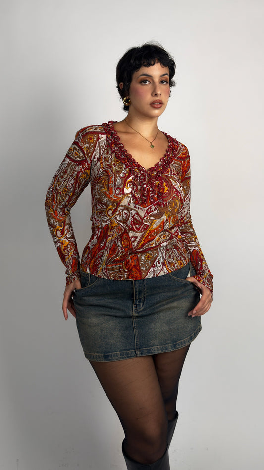 Ruffle Neck Stretch Top - M/L
